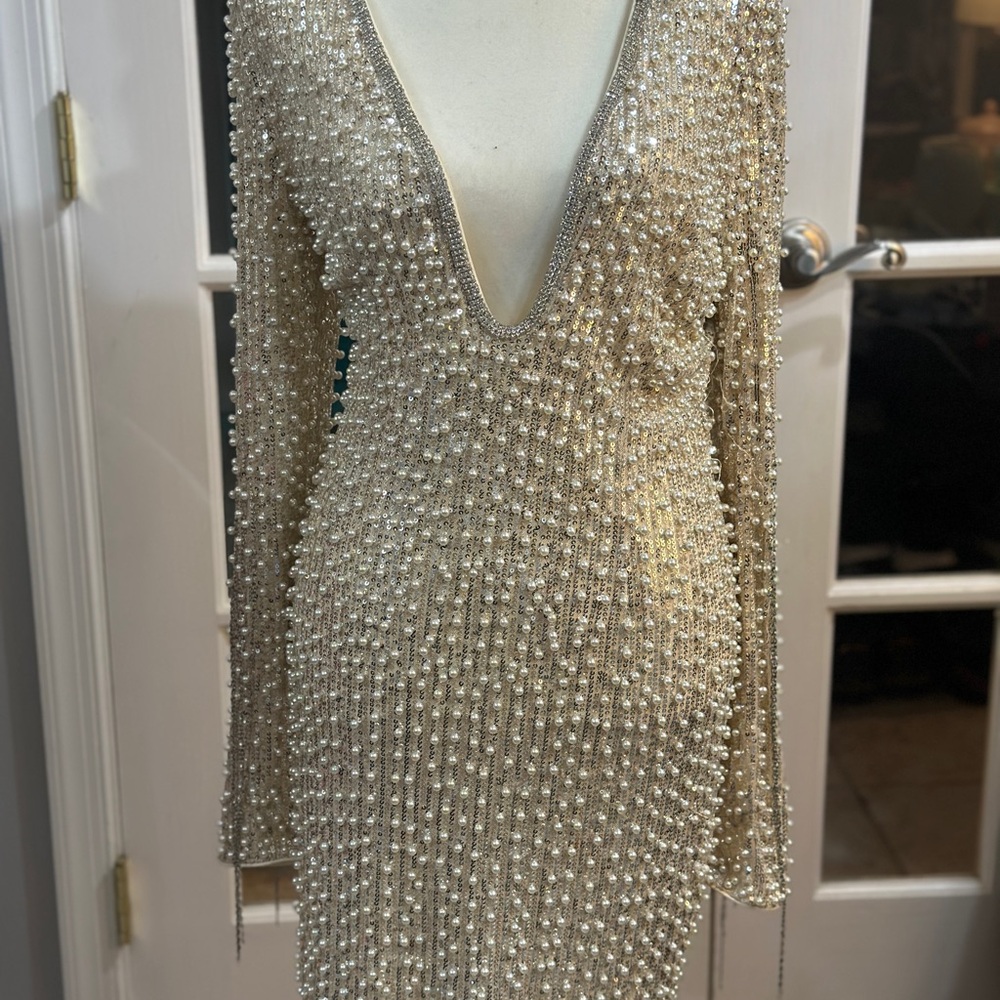 Fashion Nova Cream Embellished Long Sleeve Cocktail Dress